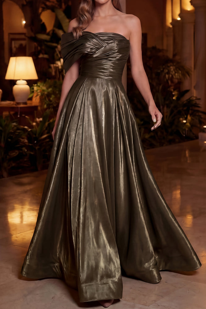 Asymmetric Pleated Satin A-Line Evening Gown