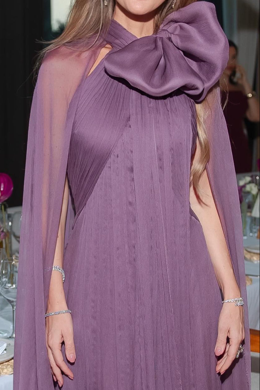 Pleated Cape Evening Gown with Bow Neckline