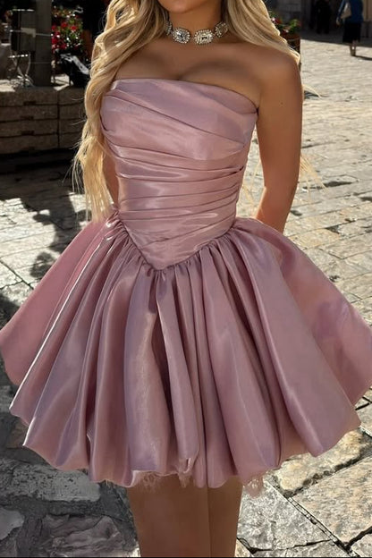 Strapless Pleated Satin Fit and Flare Mini Dress