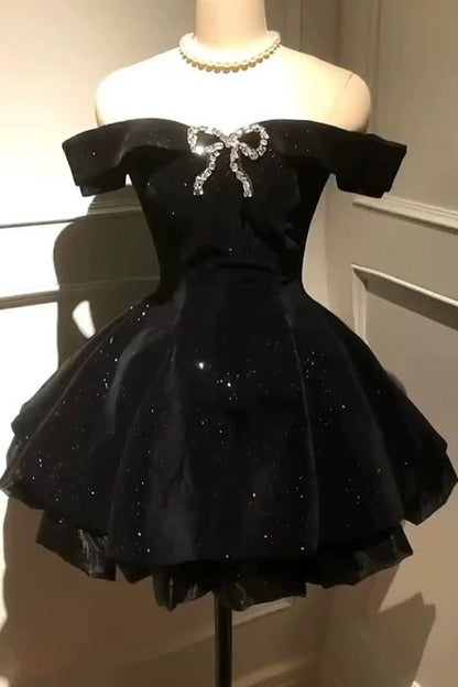 Off-the-Shoulder Glitter Tiered Mini Dress with Bow
