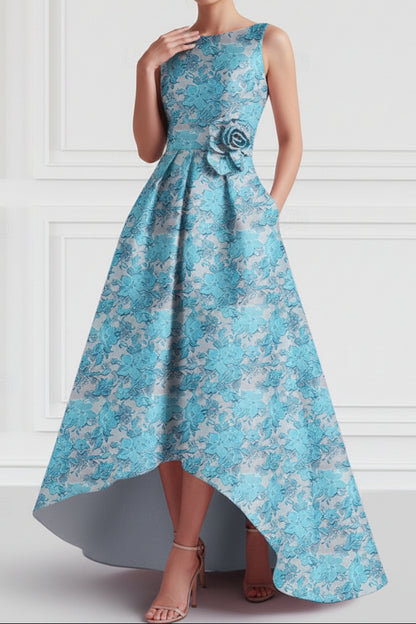 High-Low Floral Jacquard A-Line Dress with Pockets