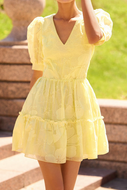 Floral Jacquard Puff Sleeve Tiered Mini Dress