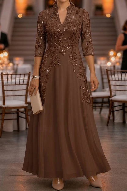 Sequin Illusion Sleeve A-Line Formal Evening Dress