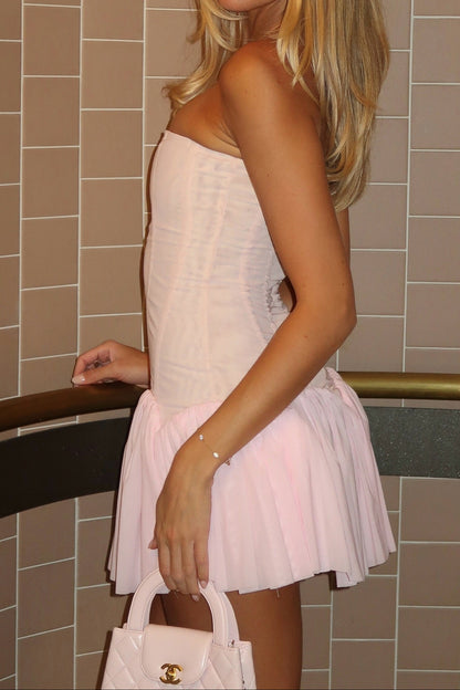 Strapless Boned Corset Mini Dress with Pleated Skirt