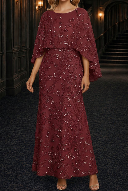 Sequin Botanical Capelet Overlay Evening Gown