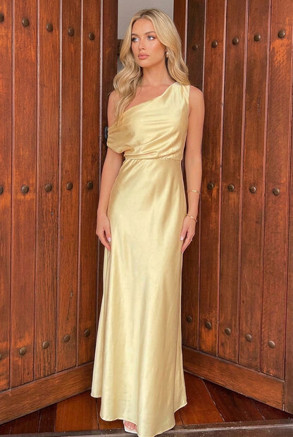 One-Shoulder Satin Maxi Dress with Draped Bodice