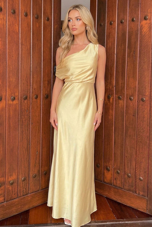One-Shoulder Satin Maxi Dress with Draped Bodice
