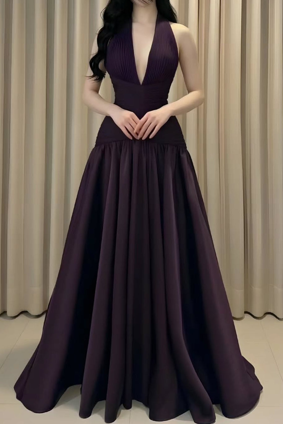 Halter Pleated Deep V-Neck A-Line Evening Gown