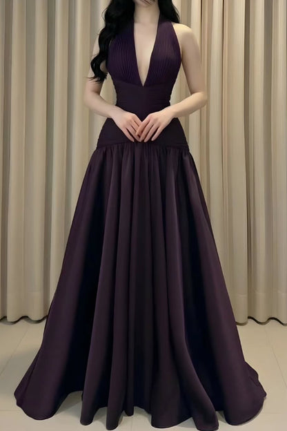Halter Pleated Deep V-Neck A-Line Evening Gown