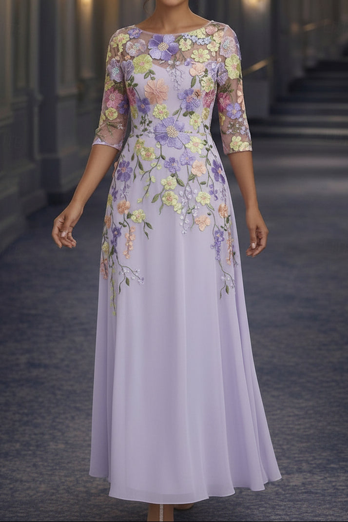 Floral Embroidered A-Line Gown with 3/4 Sleeves