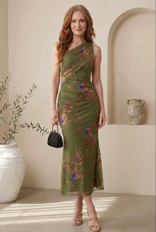 One-Shoulder Floral Beaded Midi Dress