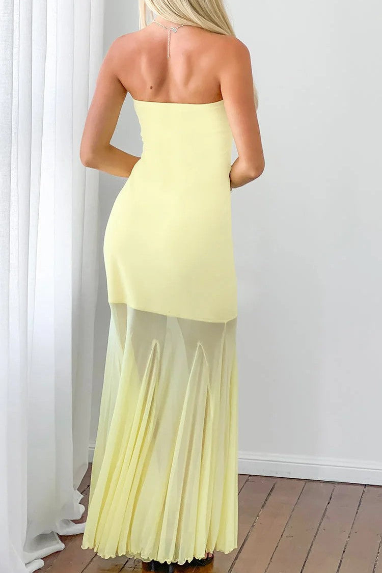 Strapless Sheer Pleated Hem Maxi Dress