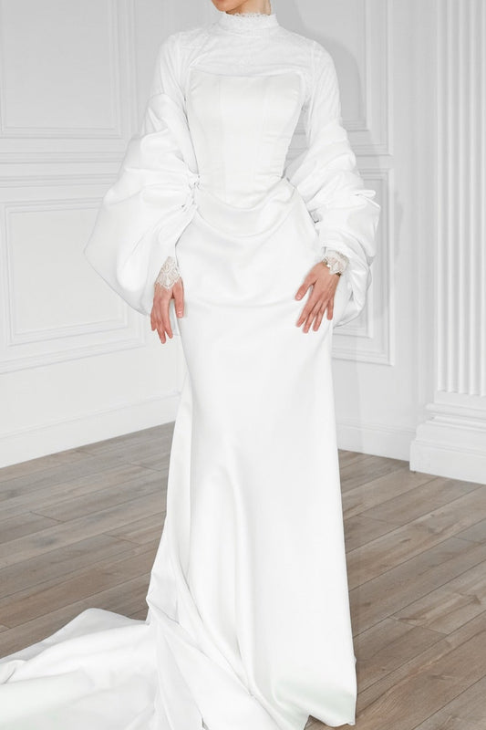 High Neck Satin Wedding Dress with Dramatic Bow