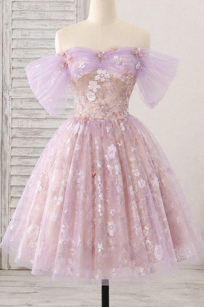 Off-Shoulder 3D Floral Sequin Tulle Short Party Dress