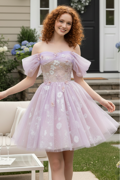 Off-Shoulder 3D Floral Sequin Tulle Short Party Dress