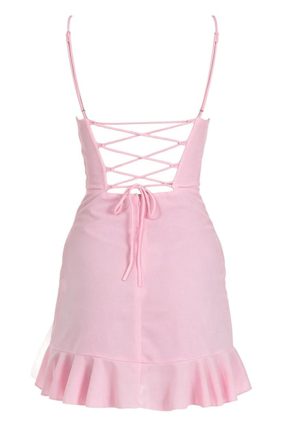 Cowl Neck Lace-Up Back Mini Dress with Ruffle Hem