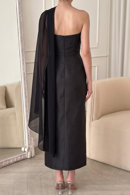 Strapless Column Dress with Beaded Florals & Scarf