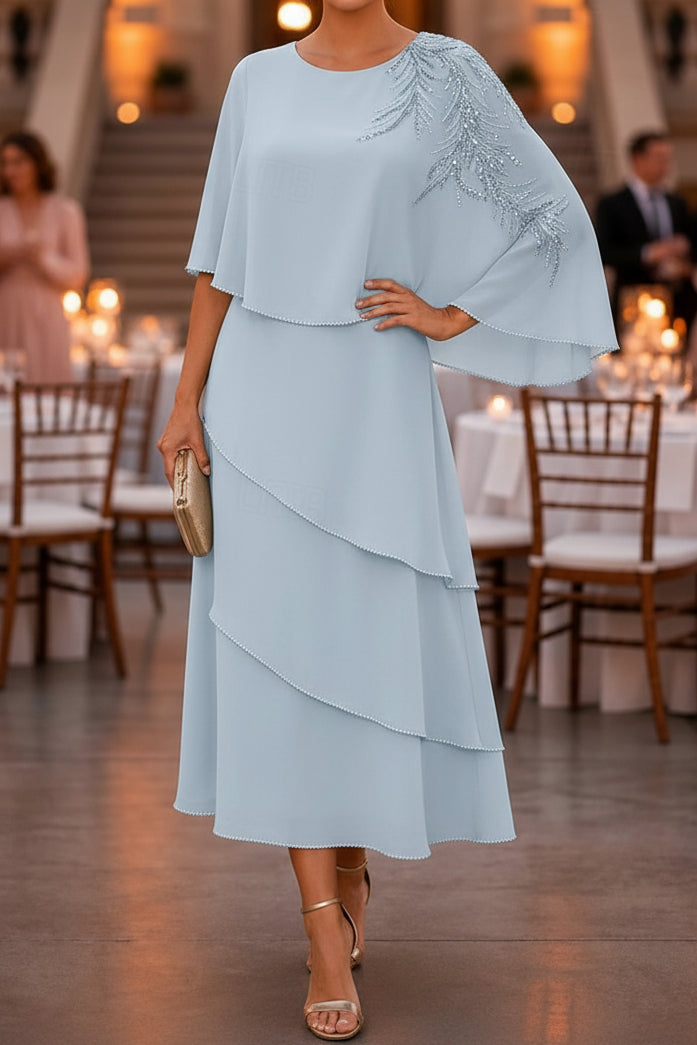 Tiered Midi Dress with Embellished Capelet