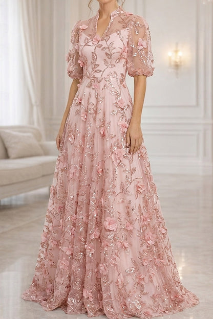 3D Floral Applique A-Line Gown with Puff Sleeves