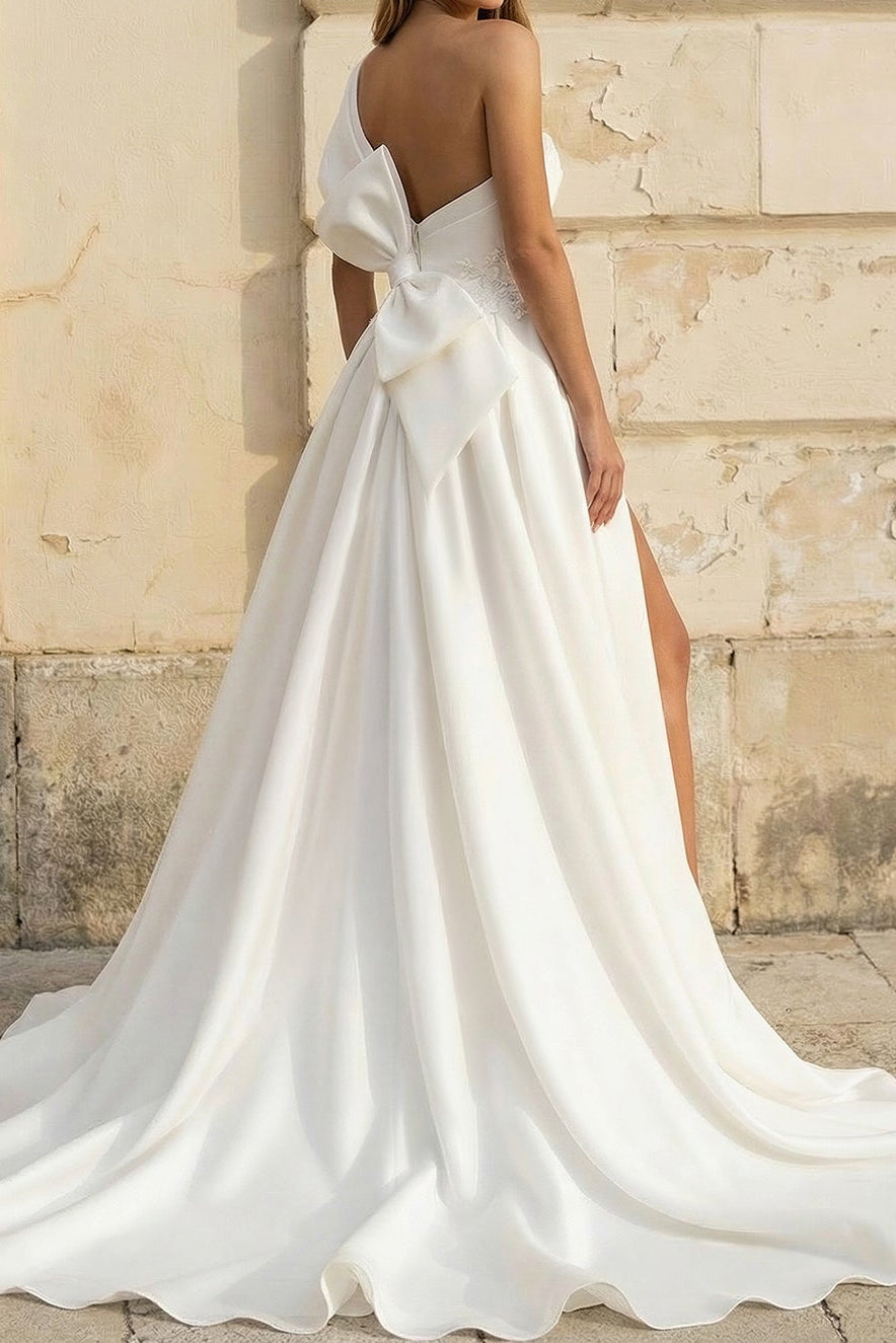 One-Shoulder Satin A-Line Bridal Gown with Slit