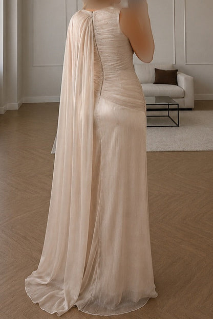 Ruched Cape Column Evening Gown