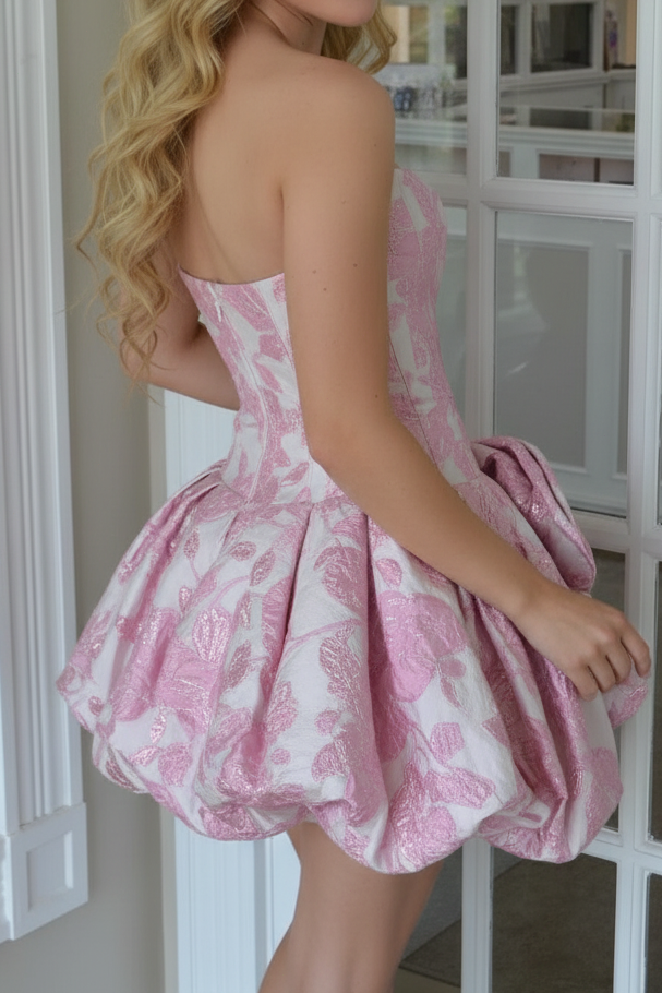 Strapless Jacquard Corset Bubble Dress with 3D Flower