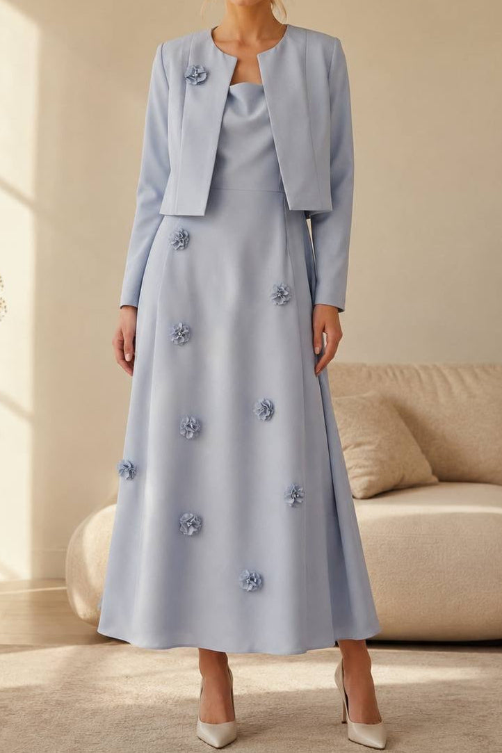 A-Line Dress & Cropped Jacket Set with 3D Florals
