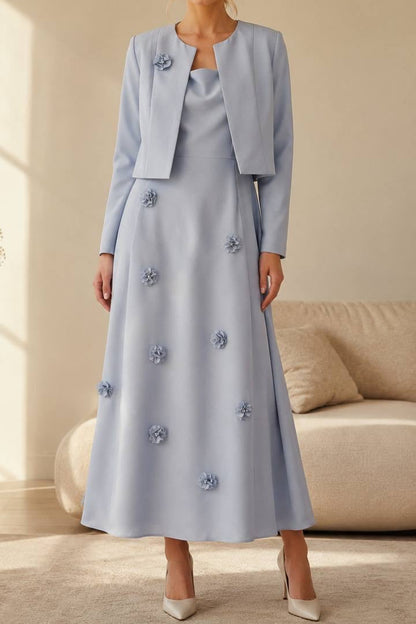 A-Line Dress & Cropped Jacket Set with 3D Florals