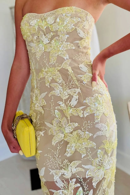 Strapless Floral Sequin Embroidered Column Gown