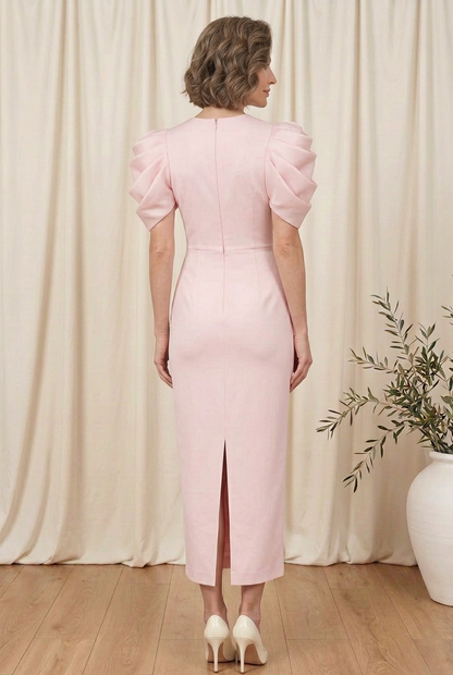 Embellished Puff Sleeve Column Midi Dress