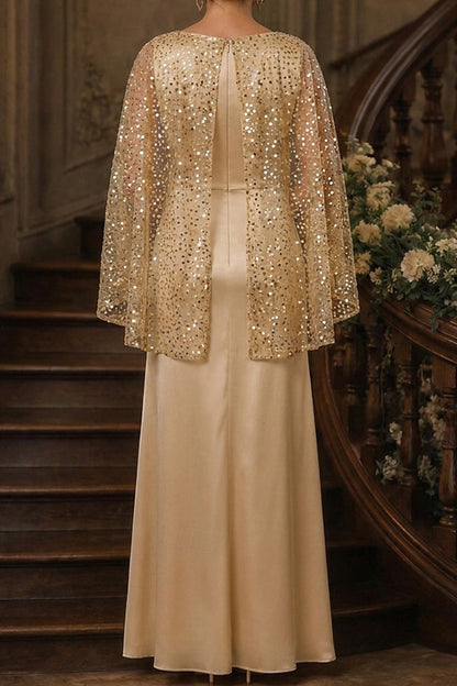 Sequin Capelet Overlay Evening Gown