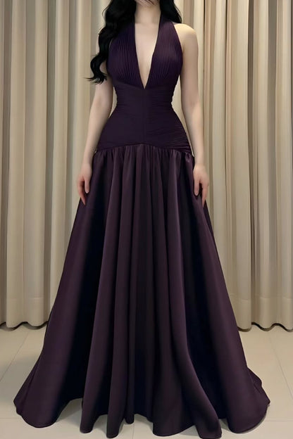 Halter Pleated Deep V-Neck A-Line Evening Gown