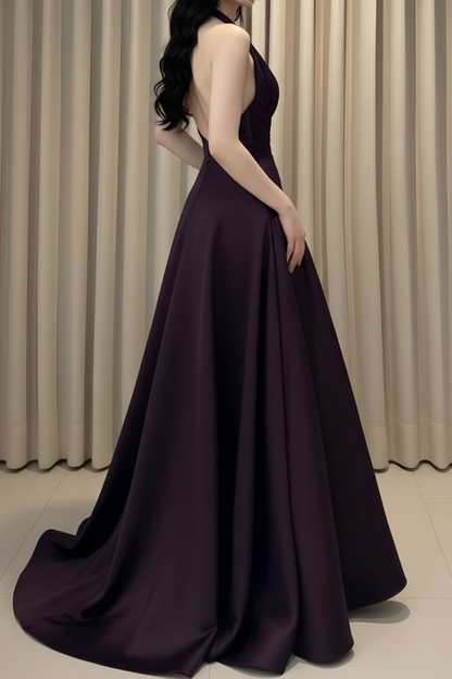 Halter Pleated Deep V-Neck A-Line Evening Gown