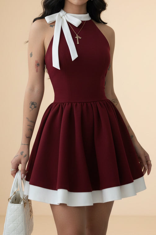 Halter Neck A-Line Mini Dress with Bow