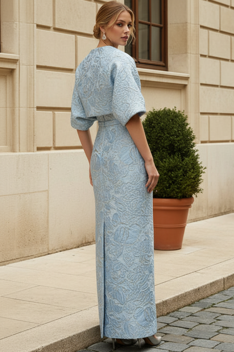 Strapless Jacquard Column Gown with Matching Bolero