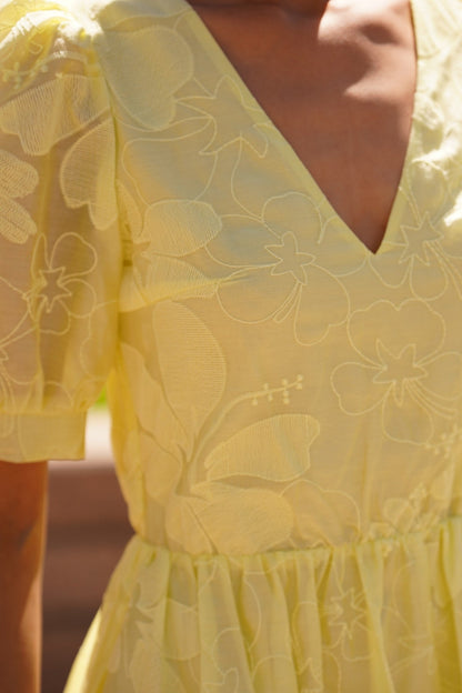 Floral Jacquard Puff Sleeve Tiered Mini Dress