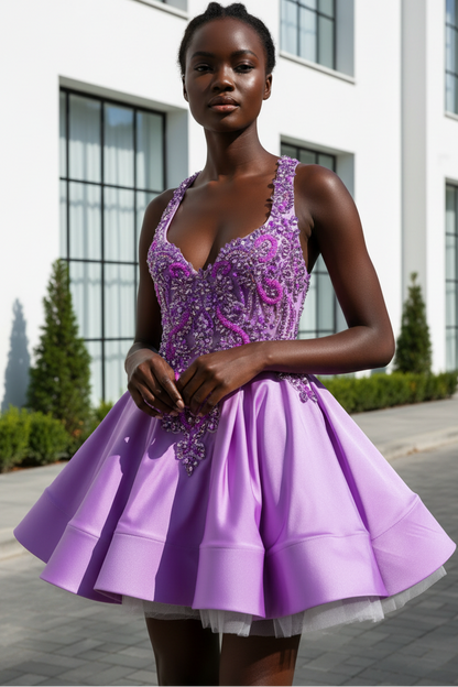Beaded Halter Neck Fit and Flare Mini Dress