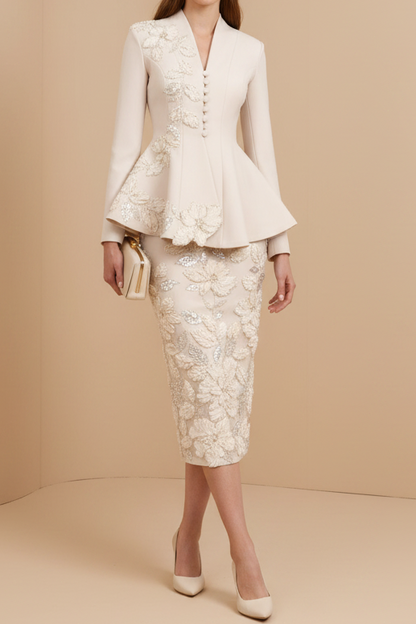 Long Sleeve Embroidered Peplum Two-Piece Set
