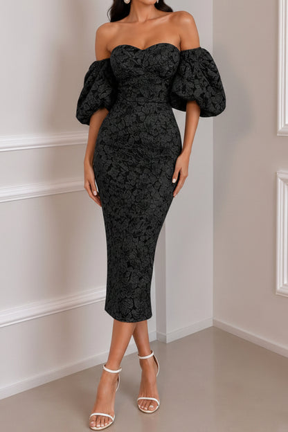 Off-the-Shoulder Puff Sleeve Jacquard Midi Dress
