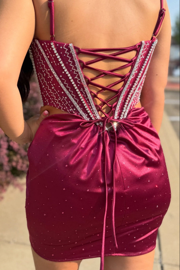 Lace-Up Beaded Corset Satin Homecoming Dress