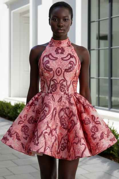 Sequined Halter Neck Homecoming Dress with Lace-Up Back