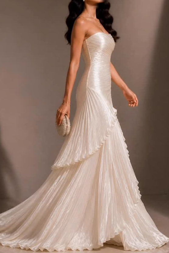 Strapless Tiered Pleated A-Line Wedding Dress
