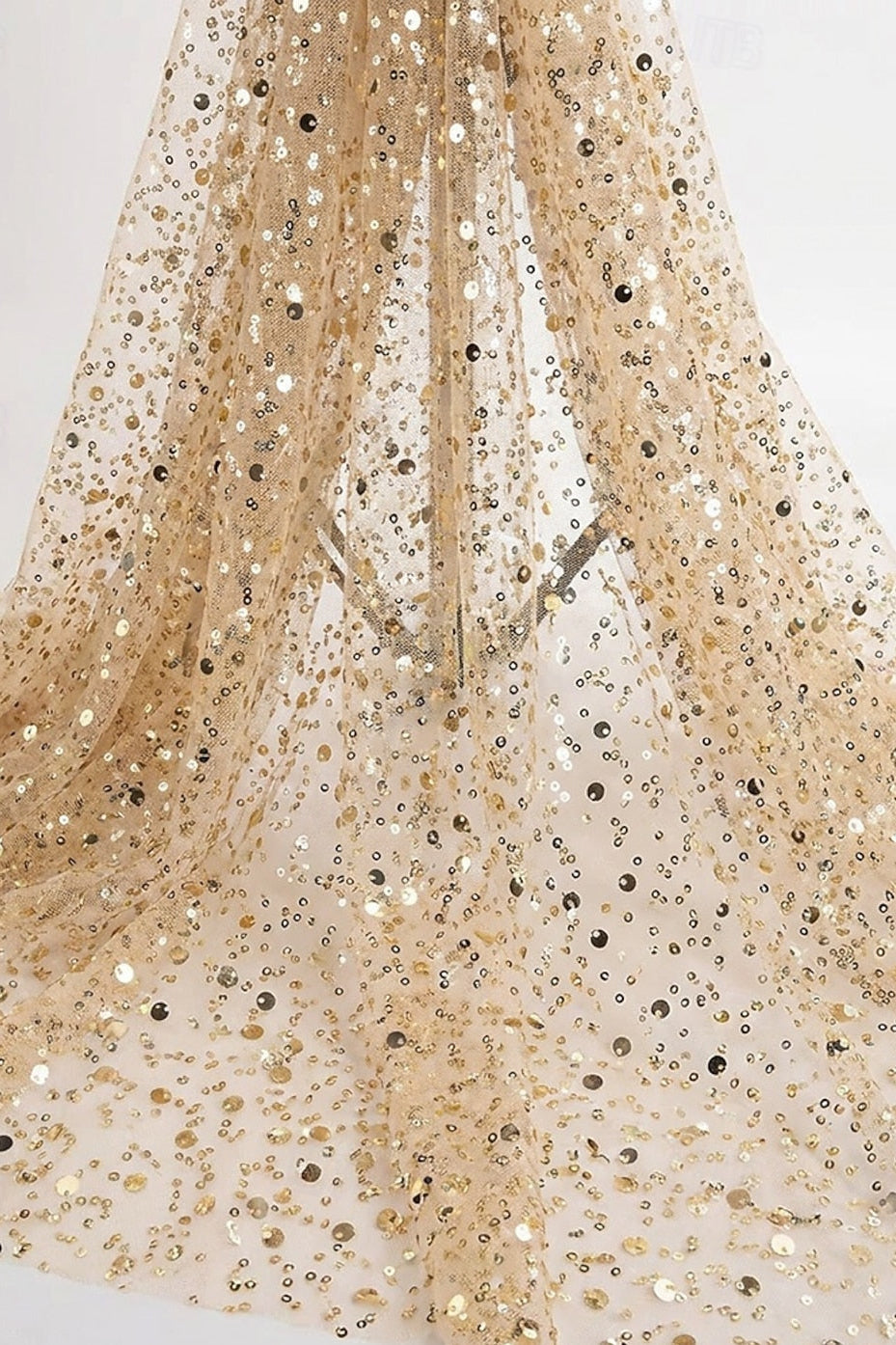 Sequin Bishop Sleeve Ruched Satin Evening Gown