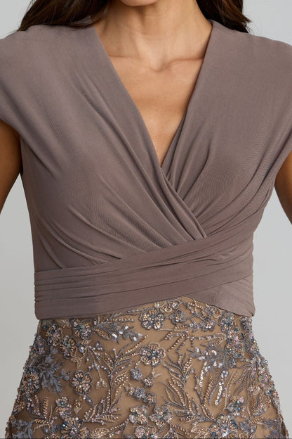 Ruched V-Neck Embroidered Trumpet Gown