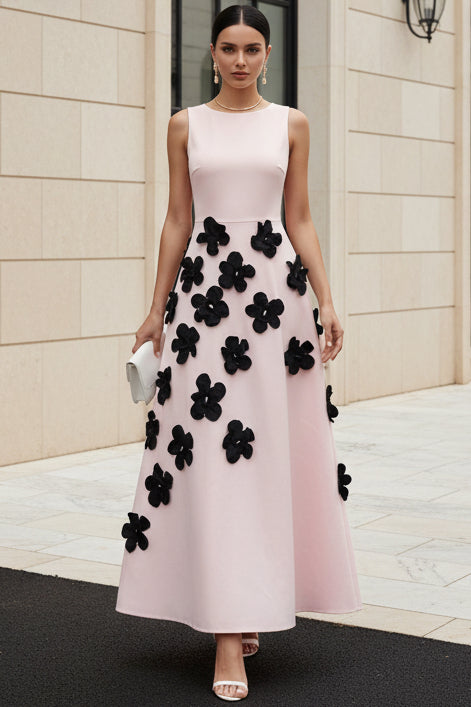Sleeveless A-Line Dress with 3D Floral Appliques