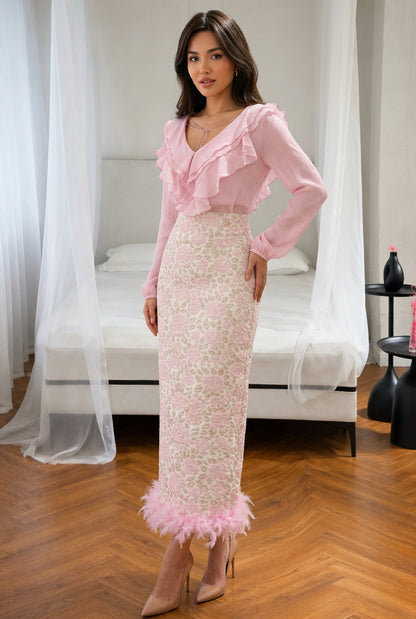 Ruffled Blouse and Feather-Trim Column Maxi Skirt Set