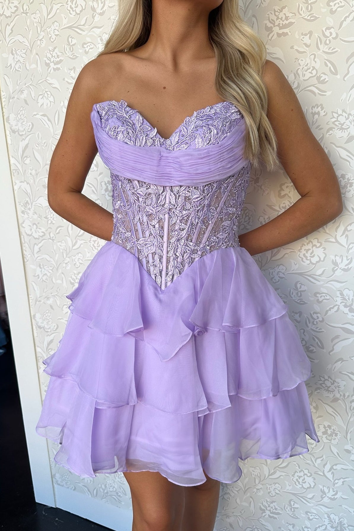 Strapless Sweetheart Beaded Corset Tiered Mini Dress