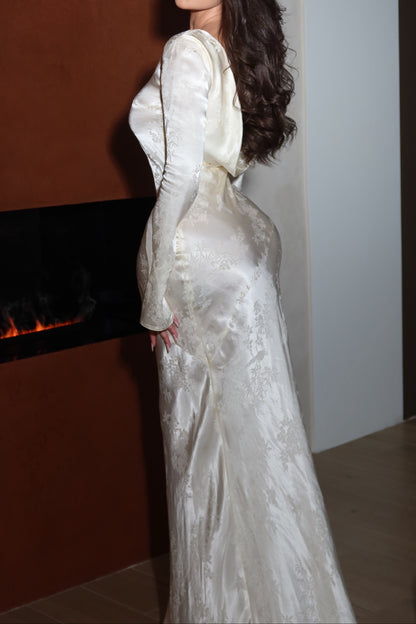 Open Back Jacquard Satin Evening Gown