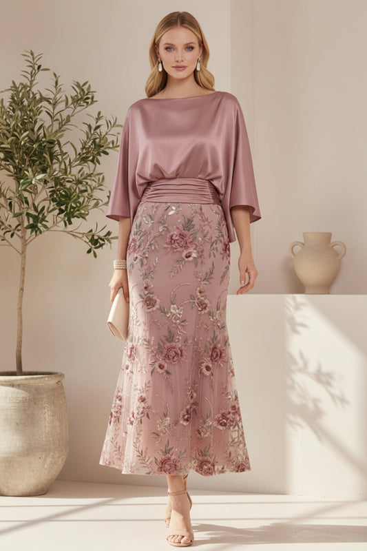 Bateau Neck Satin and Embroidered Lace Dress