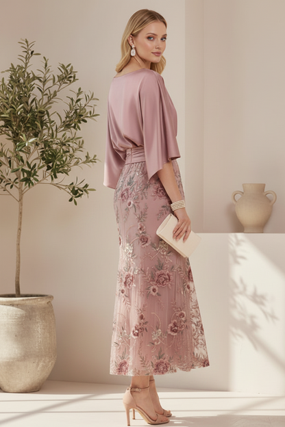 Bateau Neck Satin and Embroidered Lace Dress